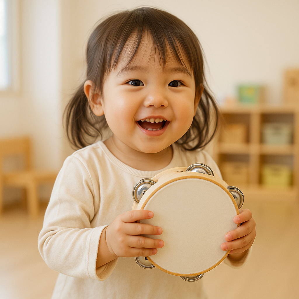 タンバリンを持って、音楽を楽しんでいる乳児
