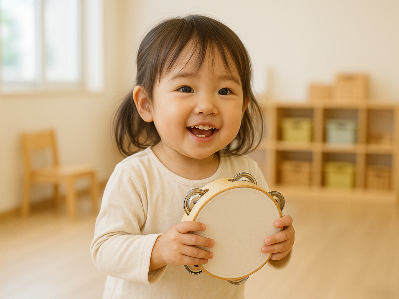 タンバリンを持って、リトミックを楽しんでいる子ども
