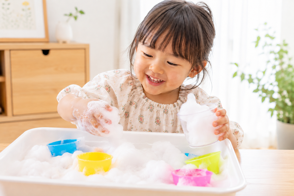 子どもが泡で遊んでいる様子