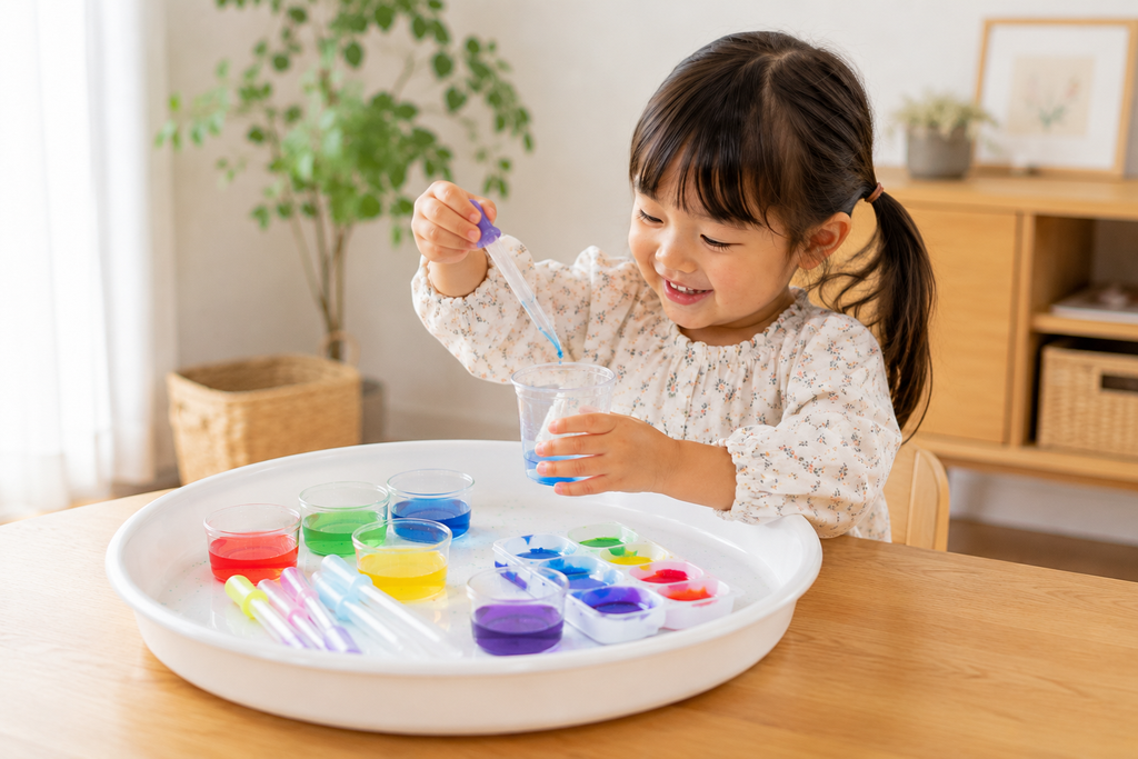 いろいろな色水をスポイトでカップに入れて遊ぶ様子