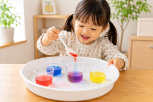 色水を混ぜてあそんでいる子ども