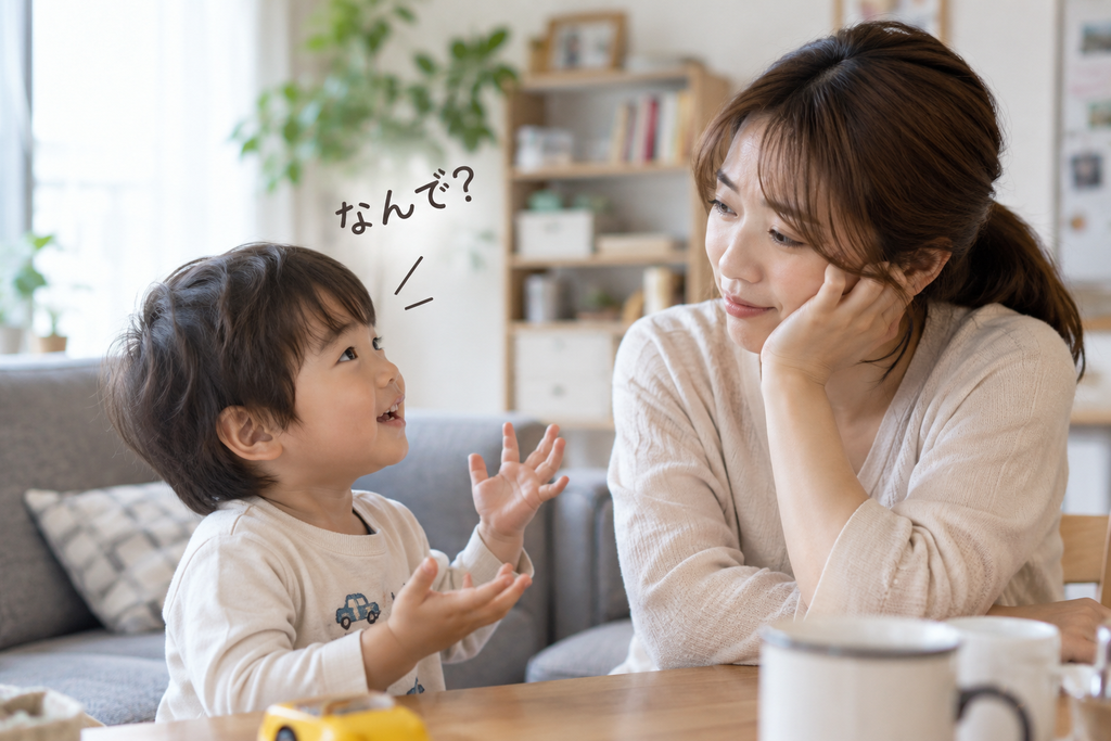 なぜなぜ期の子どもがママに「なんで？」と聞いている様子