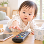 赤ちゃんがリモコンやスマホなど身近なものに手を伸ばしている様子
