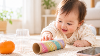 ラップの芯や身近なものに手を伸ばして遊ぶ0歳の赤ちゃん
